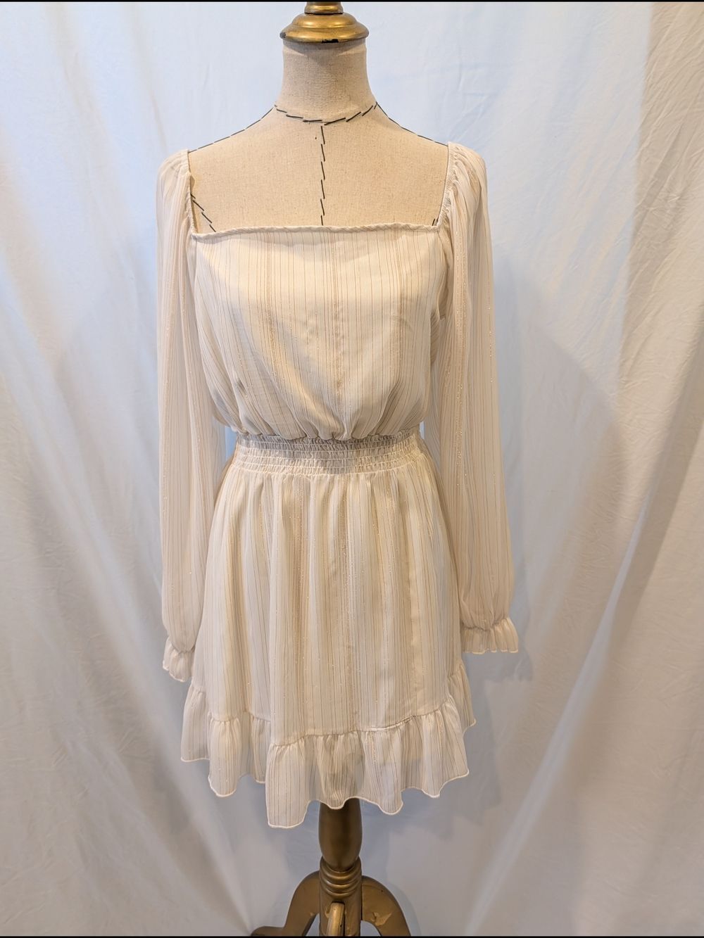 Women's Ivory Gold puff Sleeve Smocked Waist Square Neck Dress Ruffle coquette